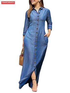 Button Down Denim Maxi Dress Long Sleeve Lapel Jean Dress Pockets